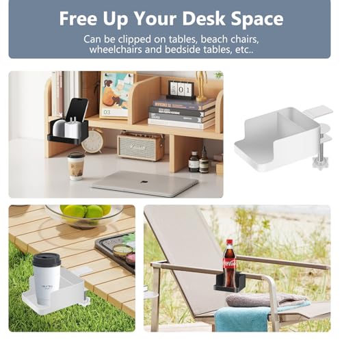 2-in-1 Clamp-On Cup Holder for Desk,Durable Metal Dual Storage for Phone & Mugs & Tea Bags & Pens，Space-Saving Gaming Desk Accessories,Table Top Organizer