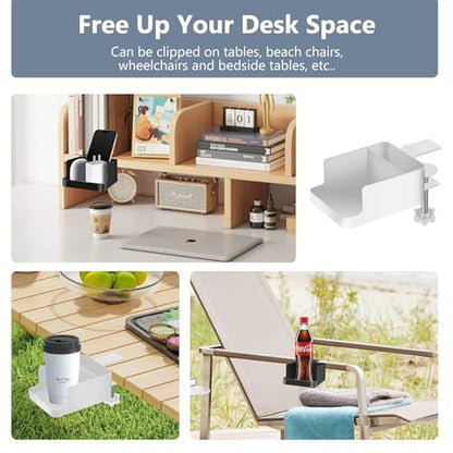 2-in-1 Clamp-On Cup Holder for Desk,Durable Metal Dual Storage for Phone & Mugs & Tea Bags & Pens，Space-Saving Gaming Desk Accessories,Table Top Organizer