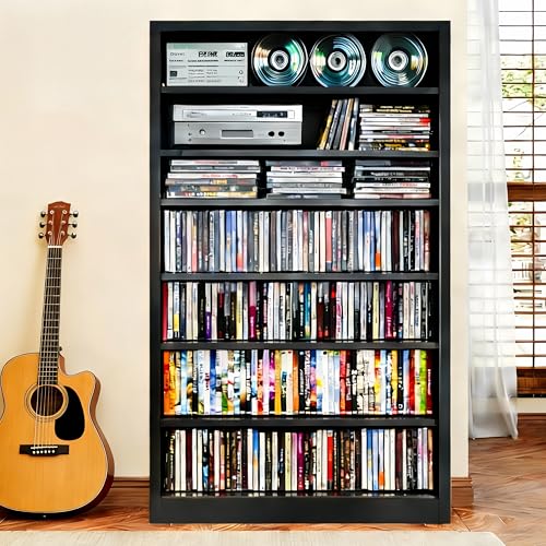 Metal DVD Storage Cabinet, 7 Tier Tall Media Storage Shelf with Adjustable Shelves, Freestanding CD & DVD Rack Tower Bookshelf for Living Room, Home Entertainment,Black - color: Black, size: 7 Tier