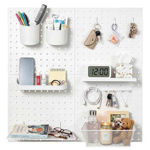 Pegboard Wall Organizer, 4 x11” x 11” ABS Peg Board Wall Organizer with Hooks, Shelves & Baskets, Drill or Adhesive Mount, 110 lbs Heavy Duty Wall Storage for Kitchen, Garage, Bathroom, Office (White) - color: White