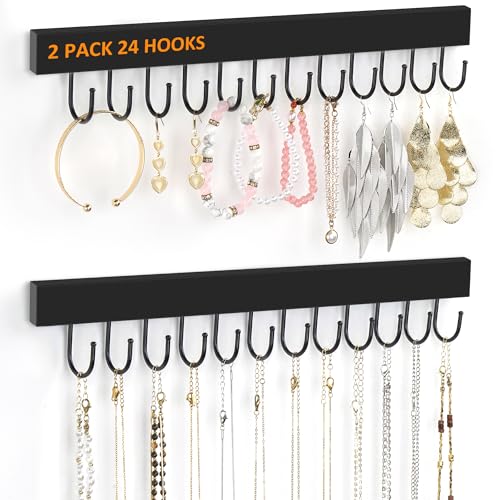 Jewelry Organizer Wall Mounted 2 Pack, Wooden Necklace Holder Wall Hanger with 24 Hooks for Hanging Necklaces and Jewelry Storage, Black - color: Black