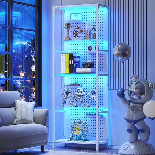Saudism Glass Display Shelf for Collectibles, LED White Shelf, Curio Cabinet, Lighted Tall Narrow Shelf with Pegboard Steel Frame for Gaming Room, Floor Lamp with Shelves, Living Room, Bedroom (Large) - color: White, size: Large