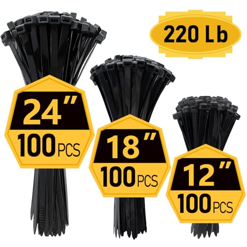 Zip Ties, Zip Ties Heavy Duty, Assorted Sizes (12"+18"+24")-300 Pack, Cable ties, Large Zipties Heavy Duty Black, Wire Ties with 220 lb Tensile Strength for Outdoor Use, Long Zip Tie, ANOSON - size: 12+18+24/300 pk,220 Lb