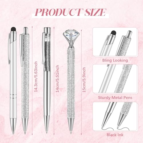 Sabary 8 Pcs Silver Pens with Pen Holder for Desk Glitter Crystal Diamond Cute Ballpoint Fancy Pencil Holder Bling Desk Organizer for Women Girls School Office Supplies Wedding Graduation Gifts - color: Silver