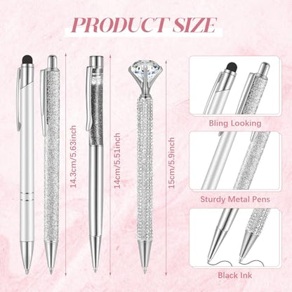 Sabary 8 Pcs Silver Pens with Pen Holder for Desk Glitter Crystal Diamond Cute Ballpoint Fancy Pencil Holder Bling Desk Organizer for Women Girls School Office Supplies Wedding Graduation Gifts - color: Silver