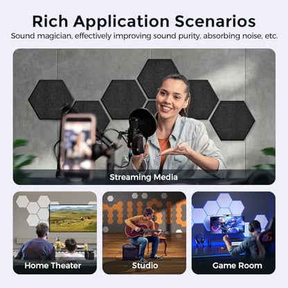 Self-Adhesive Acoustic Panels [390 lbs/yd³ Ultra-High Density], 2nd Generation Sound Absorbing Panel, Professional Level Sound Panel, Polyester Soundproof Foam [Medium Hexagon, Pure Black] - color: Black, size: Medium Hexagon (12''x10''x0.4'')