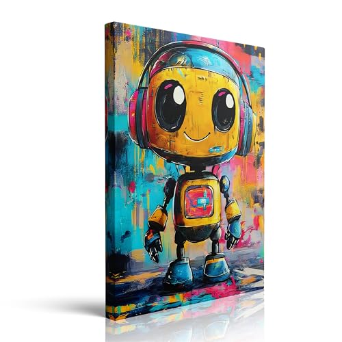 Cute Robot Canvas Wall Art Framed Colorful Headphones Painting Prints Posters Wrapped Canvas Wall Decor Graffiti Tech Artwork for Kids Bedroom Game Room Nursery Office Playroom Home Gift 12x16 Inches - color: Robot02, size: 16"L x 12"W