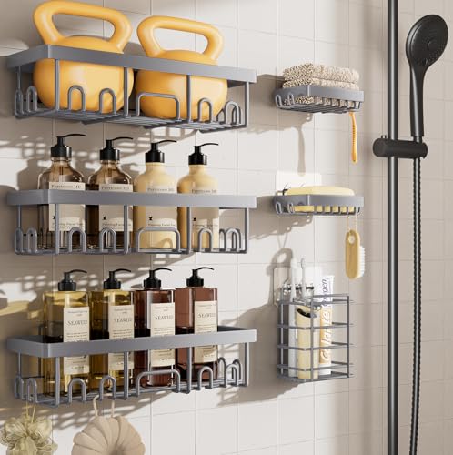 Veken 6-Pack Rustproof & Waterproof Shower Caddy, Adhesive Shelves Rack, Large Capacity Bathroom, College Dorm & Apartment Organizers, No-Drill Wall Mount Living Room & Bedroom Decor, Light Grey - color: Light Gray