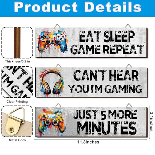 Hatzelou 3Pcs Game Wall Art Wooden Sign, Little Man Cave Sign Hanging, Game Hanging Wall Art Decor Sign, Gamer Wall Plaques Decor for Boys Kids Bedroom Playroom Nursery - size: 3pcs-eat