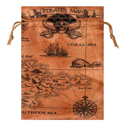 RICHNESS 16pcs Pirate Party Favor Bags Treasure Map Bag with Drawstring Closure Satin Party Loot Bags 4.5X6 Inches Goodie Bags - color: Brown