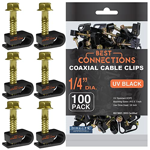 BEST CONNECTIONS Coaxial Cable Clips with Pre-Inserted Screw (100 Pack) – Black Single Cable Mounting Clamps for Coax Cable (RG6, RG59) and Ethernet Cable – Cord Fastener/Strain Relief Clip - style: 100 PACK