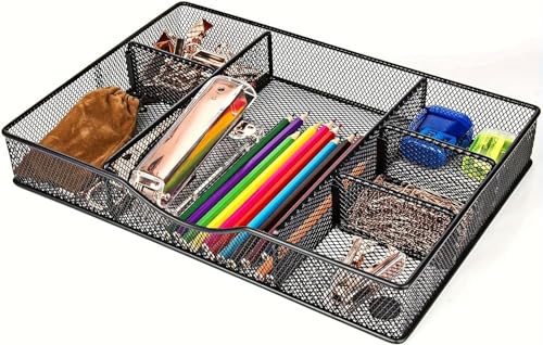 VyGrow Desk Drawer Organizer Tray, Metal Mesh Drawer Organizers Office, 6 Adjustable Compartment, Desk Organizer Tray for Home Office 12.87L x 8.73D x 1.96H inch, Black, 1PC Medium - color: 1PC Medium