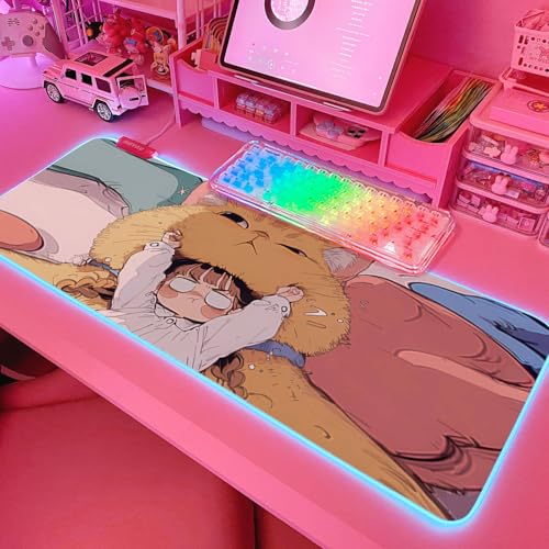 JMIYAV Pink RGB Gaming Mouse Pad 31.5x12 Inch PC XL Large Extended Glowing Led Light Up Desk Pad Non-Slip Rubber Base Computer Cute Mousepad Mat Desk Accessories Gaming Setup Cozy Hideout - color: Cozy Hideout