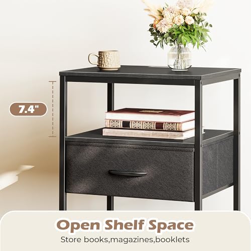 SUPERJARE Night Stand with Charger Station, 27.7 Inch Tall Nightstand with Adjustable Fabric Drawer, Bed Side Table, Fabric Drawer Dresser for Bedroom, Living Room, Black - color: Black, size: L (15.7"D x 17.7"W x 27.7"H)