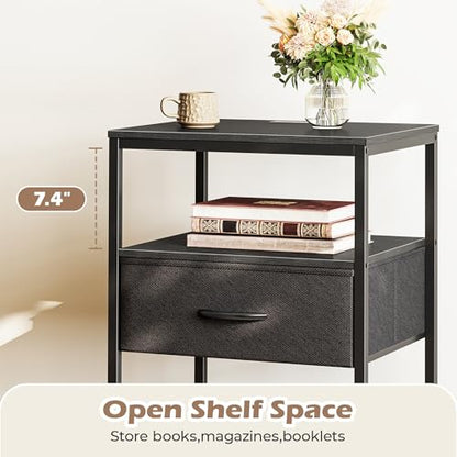 SUPERJARE Night Stand with Charger Station, 27.7 Inch Tall Nightstand with Adjustable Fabric Drawer, Bed Side Table, Fabric Drawer Dresser for Bedroom, Living Room, Black - color: Black, size: L (15.7"D x 17.7"W x 27.7"H)