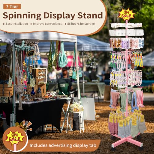 Flenpptly Retail Display Stand, 7-Tier Rotating Display Rack for Store Display, Movable and Adjustable Spinning Display Stand for Earrings, Jewelry, Keychains, Socks Display (7-Tier Pink) - color: 7-Tier Pink