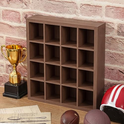 Colingmill 1 Pack Mini Helmet Display Case Pocket Size Football Helmets Wooden Stand Display Cabinet Wall Racks, 11.54"x10.35"x2.4", 4x4 Grid, Black, No Door No Cover(Walnut) - color: Walnut