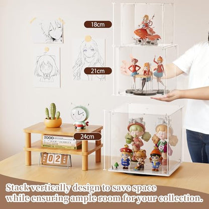 Rotating Acrylic Display Case for Figures - 3 Tier Stackable Storage Bins with Magnetic Door,Acrylic Boxes for Display, Clear Storage Box for Collectibles Cosmetic Perfume Organizer，Home Or Office