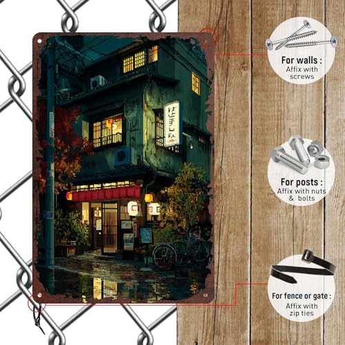 Pixel Japanese Street Scene at Night Night Scene Metal Sign 8x12 Inch, Funny Aluminum Wall Decorfor Home Living Room Bedroom Man Cave