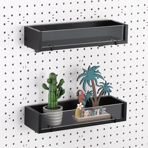 Marsui 2 Pcs Pegboard Shelf Wood with Acrylic 12.2 x 3.94 Inch Display Shelves Brackets with Metal Hooks Heavy Duty Pegboard Accessories for Storage and Organization(Black) - color: Black