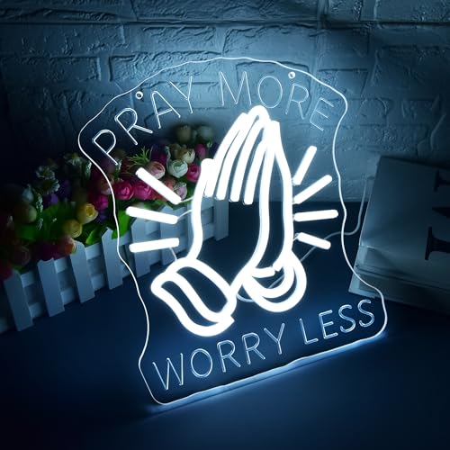 Pray More Worry Less Neon Sign for Wall Decor Dimmable Praying Hands LED Neon Light Christian Decor for Prayer Room Home Church God Jesus Inspirational Religious Wall Art Gifts Size 12.4*11in(GLNP216) - color: Pray More