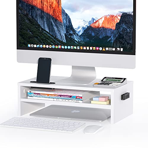 BONTEC Wooden Monitor Stand Riser for Desk, 2-Tier Computer Monitor Stand with Storage, 66 lbs Desk Shelf Organizer, Laptop & Printer Stand with Phone Holder and Cable Management, White, 16.5 Inch - color: White, size: 16.5 Inch