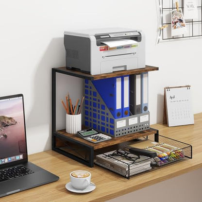 ELITEROO 2-Tier Desktop Printer Stand with Storage Drawer, Wooden Printer Stand for Desk, Small Printer Table with Shelf for Home Office, Fits Fax Machine, Scanner, 3D Printer, Rustic Brown - color: Rustic Brown with Drawer