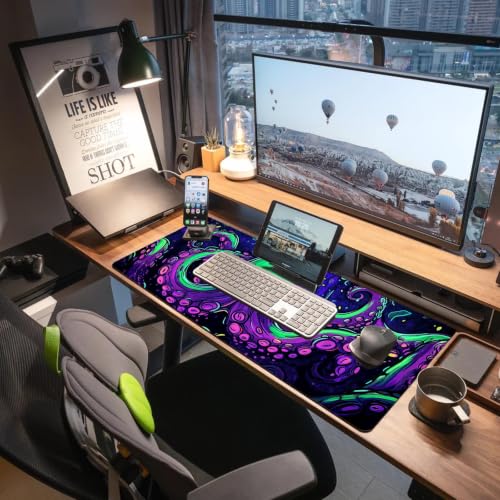 Extended Gaming Mouse Pad, Large Mouse Mat 3 mm Nature Rubber Base Mousepad with Stitched Edges, Non-Slip Desk Mat for Office Home Great Gift 31.5x11.8 Inch (Dark Octopus) - color: Dark Octopus