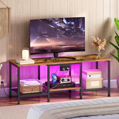HOOBRO TV Stand with Charging Station to 55 Inches, LED Entertainment Center, Media TV Console Table with Open Storage Shelving for Living Room, Bedroom, Rustic Brown and Black BF122UDDS01 - color: Rustic Brown + Black