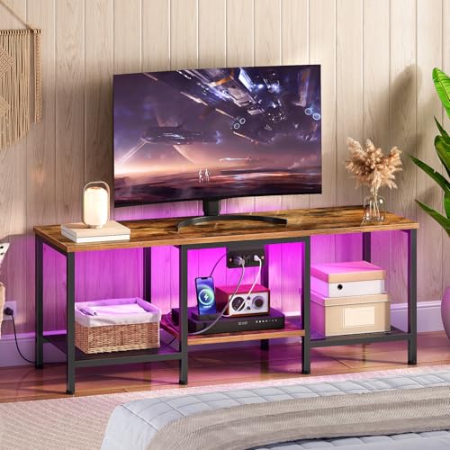 HOOBRO TV Stand with Charging Station to 55 Inches, LED Entertainment Center, Media TV Console Table with Open Storage Shelving for Living Room, Bedroom, Rustic Brown and Black BF122UDDS01 - color: Rustic Brown + Black