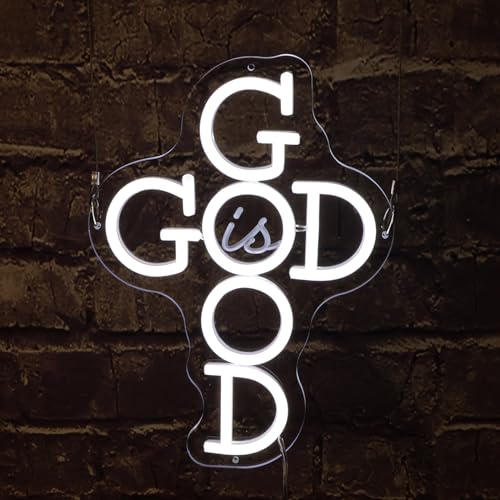 God Is Good Neon Sign, White Cross God Is Good LED Sign Light For Wall Decor, Religious Kitchen Decor Crosses for Home Weddings Party Meditation Christian Church Events Easter Gift Decoration - color: God Is Good Cross