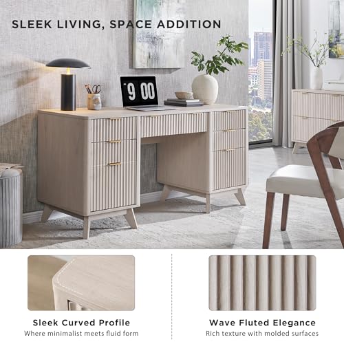 T4TREAM Modern Fluted Executive Desk with Drawers, 60" Home Office Computer Desk with Charging Station & Keyboard Tray, Alder White - color: Alder White