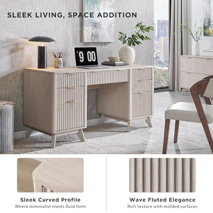 T4TREAM Modern Fluted Executive Desk with Drawers, 60" Home Office Computer Desk with Charging Station & Keyboard Tray, Alder White - color: Alder White