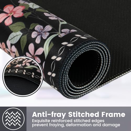 HAOCOO Floral Desk Pad for Keyboard and Mouse, Black Mouse Pad with Non-Slip Rubber Base, XXL Keyboard Mat with Edge Stitching, Soft Computer Mat, Gaming, Office Aesthetics - color: Black