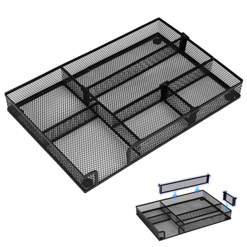 SANWICH Desk Organizer, Desk Drawer Organizer Tray with 2 Adjustable Compartments, Desktop Metal Mesh Office Desk Organizer, Multifunction Pen Organizer Set for Office School Home Makeup Supplies (1)