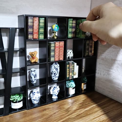 Miniature Furniture Storage Rack 1/12 Dollhouse Furniture 16 Grid Shelf Bookshelf Display Shelf Wall Rack Stand Mini House Scene Decoration (Black) - style: Black
