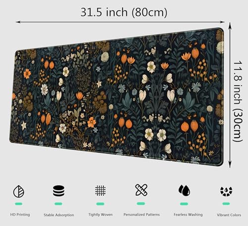 Retro Dark Floral Desk Mat Cute Plant Flowers Mouse Pad XL Large Desk Pad Aesthetic Sage Desk Matt for Desktop, Laptop Computer Keyboard Mouse Mat for Women Office Decor Accessories 31.5x11.8 in - color: Retro Dark Floral, size: 31.5" x 11.8"