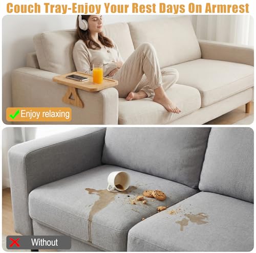 Couch Arm Tray, 13" × 9" Bamboo Foldable Sofa Armrest Table Tray Clip-On Desk for Eating TV Snacks Drinks Phone Remote, Natural Wood Wooden Holder Side Table for Armchair Recliner Small Spaces