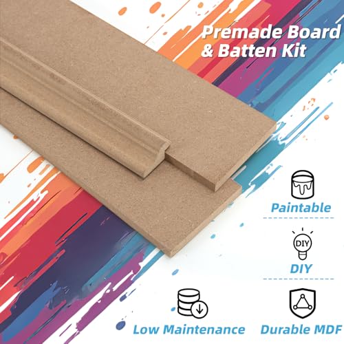 Art3d Premade Board and Batten Paintable Wainscoting Kit, MDF Accent Wall Panel for Kitchen Bedroom Living Room Home Decor Covers 94.5 x 54 in. Molding Trim Slat with Edge Strip - size: 94.5 x 54 Inch