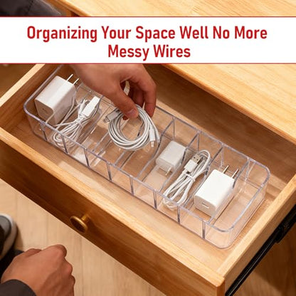 4 Pack Cable Organizer Box with Lid, Clear Plastic Cord Storage Box for Home & Office, Includes 8 Dividers & 40 Cable Ties (27 x 9.5 x 6 cm)