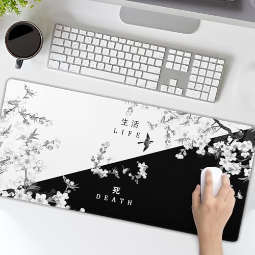 Black and White Cherry Blossom Gaming Mouse Pad XL，Large Mouse Pad Japanese Sakura Death Life Mouse Mat Desk Pad, Extended Stitched Non-Slip Rubber Edges Mousepad 31.5 X 11.8 Inch - color: Black and White Cherry Blossom, size: 31.5x11.8 Inch