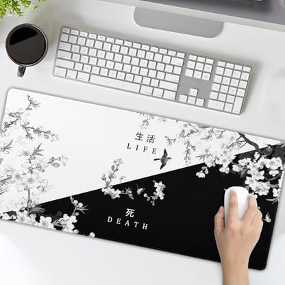 Black and White Cherry Blossom Gaming Mouse Pad XL，Large Mouse Pad Japanese Sakura Death Life Mouse Mat Desk Pad, Extended Stitched Non-Slip Rubber Edges Mousepad 31.5 X 11.8 Inch - color: Black and White Cherry Blossom, size: 31.5x11.8 Inch
