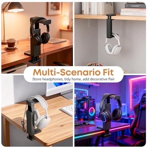 Headphone Stand & Hanger for Desk, 2 in 1 Above & Under Desk Gaming Headset Holder Mount with Height Adjustable & Rotating Clamp, Dual-sided Anti-slip Pad Earphone Rack with Cable Clip Headphone Cases - size: 1 Hooks