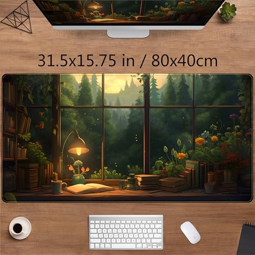 Anime Dark Green Plants Desk Mat Cute XXL Large Extended Mouse Pad Gaming, Lofi Aesthetic Computer Laptop Keyboard and Mouse Mat, Desk Accessories for Women Office Decor Mousepad, 31.5x15.75 in - color: Dark Green Plants
