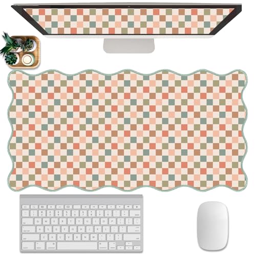 Scalloped Desk Mat Extended Large Cute Mouse Pad XXL Aesthetic Desk Pad Boho Plaid Mousepad Retro Beige Checkered Mouse Pad for Keyboard Computer Stitched Edges Non-Slip Home Office 31.5X15.7Inch - color: Multi, size: 31.5" x 15.7"