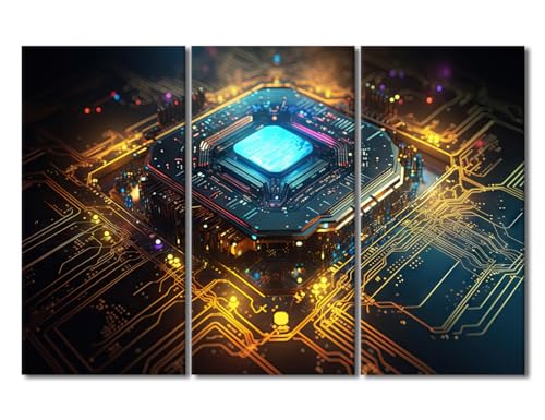 Digital Chip Framed Wall Art 3 Pieces Microchip Processor Wall Art Decor Database Concept Canvas Wall Art for Bedroom Posters & Prints Art Prints Stretched and Framed Ready to Hang (42"Wx28"H - color: Artwork-05, size: 42"Wx28"H