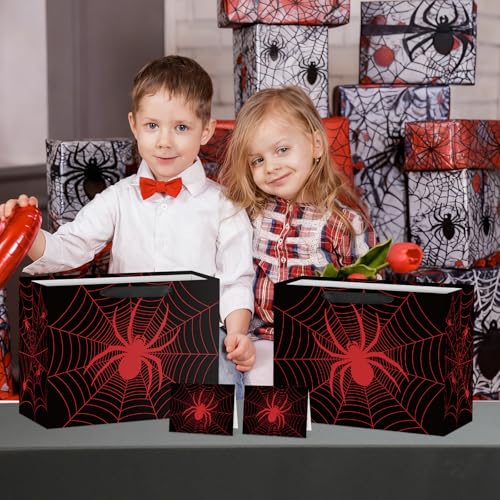 Hooqict Spider Gift Bag Birthday Gift Wrapping Bag with Handles, Tissue Paper, Greeting Card for Kids Boys Men Spider Web Birthday Party Favors Goodie Candy Treat Box - color: Black Spider