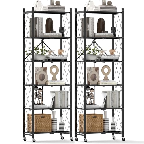 DEANIC 6-Shelf Folding Bookcase with Wheels, Heavy Duty Storage Shelves, Freestanding Metal Wire Shelving Unit for Living Room, Office, Kitchen, Basement, Pantry (Black 2 Pack) - color: Black-2 Pack, size: Compact 6 tier