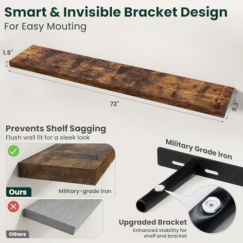 Floating Shelves for Wall 72 in x 9.3 in Deep, Wall Mounted Rustic Wood Shelf with Invisible Brackets for Storage & Display, Living Room Bedroom Bathroom, Brown, 1 Pack - color: Rustic Brown, size: 72 Inch, 1 pack