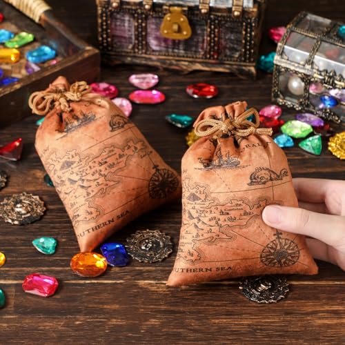RICHNESS 16pcs Pirate Party Favor Bags Treasure Map Bag with Drawstring Closure Satin Party Loot Bags 4.5X6 Inches Goodie Bags - color: Brown